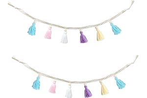 ZOONAI 2 Pack Macrame Cotton Tassel Garland Banner with Beads Wall Decor Woven Home Decoration for Bedroom Nursery Baby Kids Room (Blue Yellow Purple White Pink)