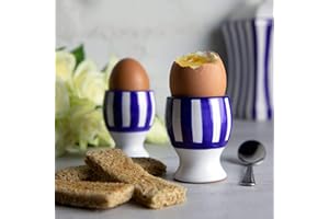 City to Cottage | Set de deux coquetiers | à rayures bleu marine et blanches en céramique fait et peint à la main | Oeufs durs, à la coque