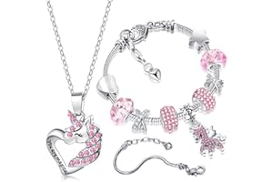 Yaomiao Set di Gioielli per Regali di Unicorni di Natale per Ragazze Collane di Cristallo Braccialetti con Ciondoli a Cuore Bracciale in Argento Biglietto d'Auguri Scatola da Regalo