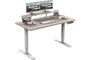 Radlove Biurko z elektryczną regulacją wysokości ze stojakiem na monitor, wyświetlacz LED, 160 x 76 cm, biurko stojące, regulowane biurko do domowego biura i biura, dąb