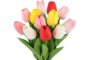 N&T NIETING Artificial Tulips Flowers, 12Pcs Fake Tulip Real Touch Latex Faux Tulips Flowers Bouquet for Wedding Floral Arrangements, Mother's Day, Easter, Home Decoration(Multicolor)