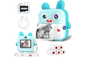 TOYOGO Appareil Photo instantané pour Enfants, Appareil Photo numérique 32G, écran 2,4 Pouces, 1080P & 12 MP HD Dual Lens, 5 Rouleaux Papiers, Cadeaux d'anniversaire et de Noël pour garçons et Filles