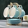 DUJUST Tea Cups and Saucers Set of 4 (8 OZ), Candy Color Tea Cup Set with Golden Trim, Petal Edge Coffee Cups with Metal Stand, Simple Style Porcelain Tea Party Set - Nile Blue
