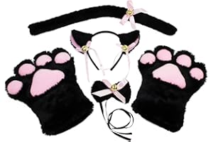 KEESIN Gatto Cosplay Set peluche artiglio guanti gatto gattino orecchie coda collare zampe carino adorabile costume per il set per bambini e adulti (Nero)