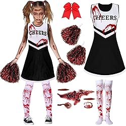 Costume Cheerleader Zombie Pour Halloween - Robe, Collants, Pompons, Tatouages Temporaires Et Gel De Sang (Taille 3-17 Ans)