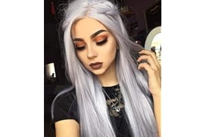 ‎MILDISO Perücke Damen Grau Lang Glatt Gerade Lace Front Perücken für Frauen/Mädchen/Afro Natürliche Dunkle Wurzel Mittelteil Spitze Perücke Party/Kostüm Silber Wig ca.70cm/28zoll DE066L