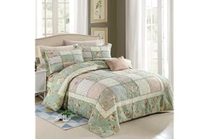 Mxzzand Pikowana narzuta na łóżko w stylu vintage, patchworkowa, z 2 poszewkami na poduszki, 100% bawełna, przytulna, oddychająca, 230 x 250 cm, zielona