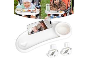 CRAZYFLY Universelles Kinderwagentablett, 3 In 1 Abnehmbare Kinderwagen Getränkehalter 360 Grad drehbarer Kinderwagen Zubehör Snackschale mit einstellbarem Clip (Weiß)