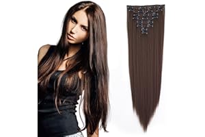 Cybelleza Extensiones de Clip de Pelo Natural Liso 60cm 8 Piezas Extensiones de Cabello Postizo Sintético Largo Cabeza Completa para Mujer (Marrón claro)