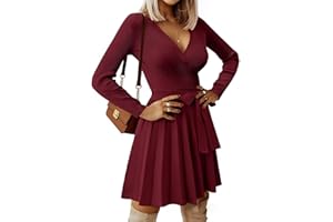 PASUDA Vestido Invierno Mujer Suéter de Punto Vestido Elegante Manga Larga Cuello en V Vestidos de Fiesta A-Line Mini Cintura Alta Casual Jersey Túnica para Otoño