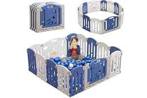 LZQ Kojec składany, kratka odgradzająca, z tworzywa sztucznego, kratka ochronna z drzwiami i tablicą na zabawki, dla dużych dzieci, składany (14 paneli)