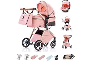 Kakbgee Cochecito 3 en 1 con Silla de Coche, Carrito bebé Plegable, Manillar 7 Alturas, Suspensión 4 Ruedas, Funda de Lluvia y Mosquitera, Sistema de Viaje para Recién Nacidos 0-3 Años (15kg), Rosa