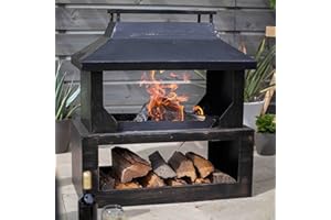 La Hacienda Stonehurst Steel Outdoor Fireplace with Log Store, Bronze Effect Garden Fire Pit includes Poker 58281