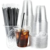 Lekeeu 50 Pieces Clear Plastic Cups with Lids and Straws 400 ml | Reusable Plastic Coffee Cup for Coffee Elegant Cups for Ice
