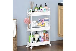 SOLEJAZZ 3-Tier Storage Trolley Cart Slide-out Slim Rolling Utility Cart Mobile Storage Shelving Organizer for Kitchen, Bathroom, Laundry Room, Bedroom, Narrow Places, Plastic,White