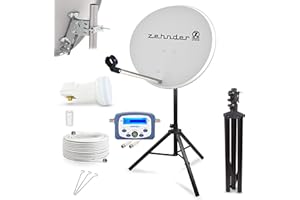 LOGISAT Digital Camping Satellite System Mirror 60 cm Single LNB 0.1 dB + 10 m Cable + Sat Finder + Tripod Cable Balcony Caravan Mobile Bowl Antenna HD UHD 4K Suitable H