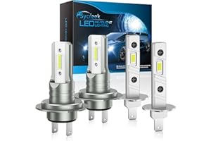 Sycreek Bombilla H1+H7 LED Coche, 16000LM H1 Faros Delanteros Bombillas para Moto,IP68 Impermeable Faros Reemplazo de Halógena y Kit Xenón, Xenon Blanco 6000K 12V, 4 Lámparas
