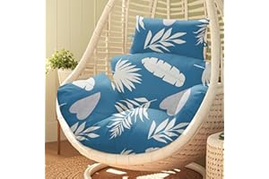joomie Waterproof Egg Chair Cushion Replacement 119x79x13 cm Thicken Hanging Egg Swing Chair Cushion Indoor Outdoor Wicker Rattan Hammock Basket Cushion with Headrest Pillow, Blue Leaf