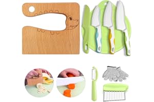 GOODCHEF Lot de 9 couteaux de cuisine pour enfants - Pour couper et cuisiner des fruits ou légumes - Sécurité en bois - Planche à découper - Couteau éplucheur - Couteau à partir de 2 ans (crocodile)