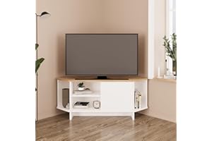 Bimossa Teo Corner TV Stand – Space-Saving TV Unit for 43–48'' TVs, Compact Media Console with Open Shelves & Cabinet, Ready to Assemble, Available in 5 Colours (Oak&White)