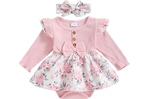 MoccyBabeLee Newborn Baby Girl Onesie Rompers Long Sleeve Jumpsuits Headband Flower Clothes Infant Cute Outfits for Your Little Princess Fall Winter Clothes