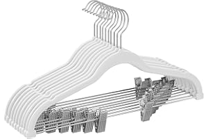 ‎SONGMICS SONGMICS Wieszaki na spodnie, aksamitne, z regulowanymi klipsami, długość 42,5 cm, antypoślizgowe, zajmujące mało miejsca, na spódnice, płaszcze, sukienki, białe, CRF012W10