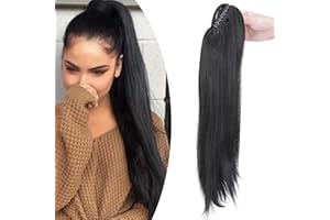 22"(55cm) SEGO Coleta Postiza con Pinza Pelo Sintético Se Ve Natural [Negro Intenso] Extensiones de Cabello Clip Cola Lisa con Poca Onda en Las Puntas Ponytail (155g)