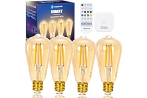 Aigostar Mesh - Smarte Glühbirne Alexa E27 Bluetooth Mesh ST64, Lampe Vintage Edison Lampe 6W 806LM 2700K-6500K Dimmbar Glühbirne, Kompatibel mit Alexa, 4 Stück(mit Fernbedienung und Gateway)