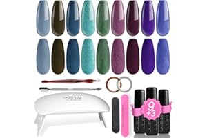 Lavender Violets 19 Pcs Gel Polish Starter Kit Purple & Blue Hawaiian Island,Portable LED Nail Lamp Dryer Soak Off UV Base,Matte n No Wipe Top Coat Nail File Golden Sliver Sticker Manicure Tools