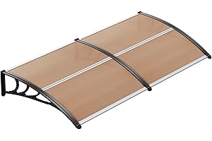 LIFERUN Pensilina Tettoia per Porta Balcone Esterno, 190 x 98.5 cm, Tetto Policarbonato Alveolare Trasparente, Protezione solare e dalla pioggia,Marrone scuro