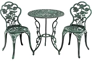 GIANTEX Salon de Jardin 2 Personnes en Fonte Aluminium, Table de Jardin Extérieure avec 2 Chaises, Trou de Parasol, Motif de Rose, Ensemble Table et Chaise pour Bistrot, Terrasse, Balcon (Vert)