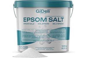 GiDeli Epsom Sel de bain 1 kg de sulfate de magnésium de qualité pharmaceutique dans un seau - 100 % pur sel naturel - Bain de pieds - Soin de la peau - Bain de relaxation (1000 g)