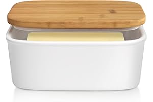 Tydi Elegant Porcelain Butter Dish with Lid Ceramic - 16x10.5x7 cm (up to 600g Capacity) Butter Dishes with Lids - Removable Silicone Seal - White with Bamboo Lid - Butter Container