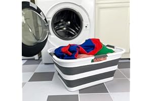 SAMMART Collapsible Plastic Laundry Basket Washing Tub Foldable Pop Up Storage Container-Space Saving/Portable Laundry Hamper. Ideal for Home, Travel, Dorm, and Camping (White/Steel Grey, 42L)