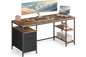 VASAGLE Bureau d’Ordinateur, Table avec Rangement, 3 Étagères, 2 Tiroirs, 60 x 160 x 76 cm, pour Bureau, Salon, Style Industriel, Marron Rustique et Noir Mat LWD105K01