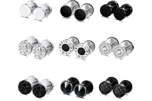 JeryWe 9-16Paare Ohrringe Ohrstecker Herren Männer Edelstahl 8mm Fake Plugs Ohrringe Schwarz Silber Ohr Tunnel Ohrringe Piercing,Runde Schraube Barbell Ohrstöpsel Faux Gauges