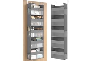 SONGMICS Portaoggetti da Appendere, Organizer da Porta in Tessuto, Rete in Nylon Trasparente, Pieghevole, Ganci in Metallo, Tasche Laterali, Grigio Tortora RDH007G01