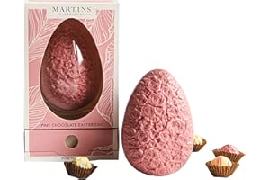Martins Chocolatier Œuf de Pâques géant extra épais rose chocolat rose rose chocolat bonbons de Pâques, lot familial avec 9 pralines et truffes, cadeaux de chocolat belge pour adultes ou enfants 300 g