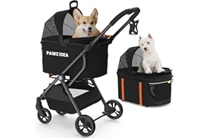 PAWZIDEA Pet Stroller 4 in 1, Cat Strollers with Detachable Carrier No-Zip Canopy, Portable Dog Crate for Car Seat Travel, Foldable & Lightweight Jogger for Small/Medium Dogs and Cats, Storage Basket