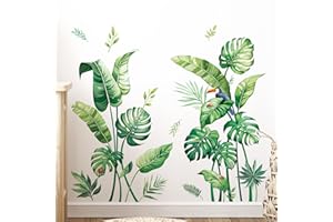Tanlaby Tropical Leaves Wall Stickers Large Palm Leaf Wall Decals Green Plants Birds Peel and Stick Greenery Art Decor for Living Room Bedroom Office TV Background