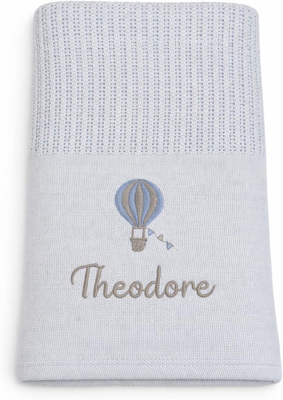 Lobeko Personalised Cellular Baby Blanket with Embroidered Name – 100% Cotton Soft Breathable Newborn Blanket, Pram Crib Moses Basket Blanket, Hot Air Balloon Design, 70x110cm (4 Colours) (Baby Blue)
