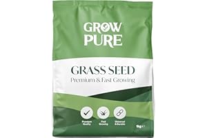 GROW PURE Grass Seed (1kg Covers up to 60 sqm) Fast Growing Grass Seed for Quick Lawn Patch Repair and New Lawns. 1kg Hard Wearing Suitable for Shade and UK Climate.