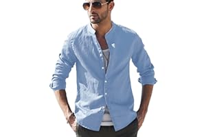 LVCBL Mens Casual Cotton Shirt Long Sleeve Band Collar Henley Shirt Tops