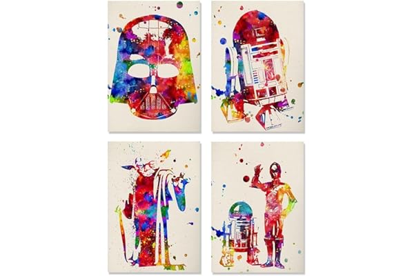 Nacnic - Set 4 Feuilles Décoratives Style Aquarelle Star Wars R2D2 Yoda C3PO Dark Vador Affiches Star Wars Déco Maison Geek et Peintures Originales