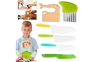 FANTICDE -Ensemble de 8 couteau cuisine enfant,pour couper et cuire des fruits ou légumes pour les tout-petits, coupe-pomme de terre à onde,avec couteau en bois, ensemble tablier enfant