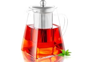 MS WGO Heat-Resistant Borosilicate Glass Teapot with Strainer, Square Shape Infuser Tea Pot 750ml/25.36oz, Handmade Glass Teapot with Infuser