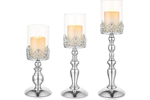 Nuptio Set di 3 Portacandele per Candele Pilastro, Portacandele in Argento Uragano Moderni Regali per la Casa, Portacandele in Vetro per Sala Pranzo Anniversario Matrimonio Compleanno Centrotavola