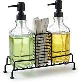 AmberHaus 2'li Standlı Kare Cam Sabunluk Seti | 2 x 500 ml | Ferforje Metal Standlı (Siyah) | S&uuml;nger/Fır&ccedil;a B&ouml;lmeli Mutfak ve 