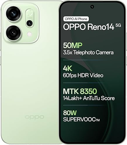 OPPO Reno14 5G (Pearl White, 8GB RAM, 256GB Storage) with No Cost