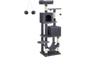 Feandrea Cat Tree, 155 cm Cat Tower for Indoor Cats, Plush Multi-Level Cat Condo with 5 Scratching Posts, 2 Caves, Hammock, 2 Pompoms, Smoky Grey PCT192G01